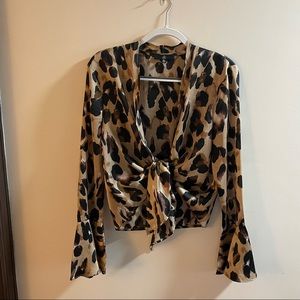 Misguided Tie Front Leopard Satin Top